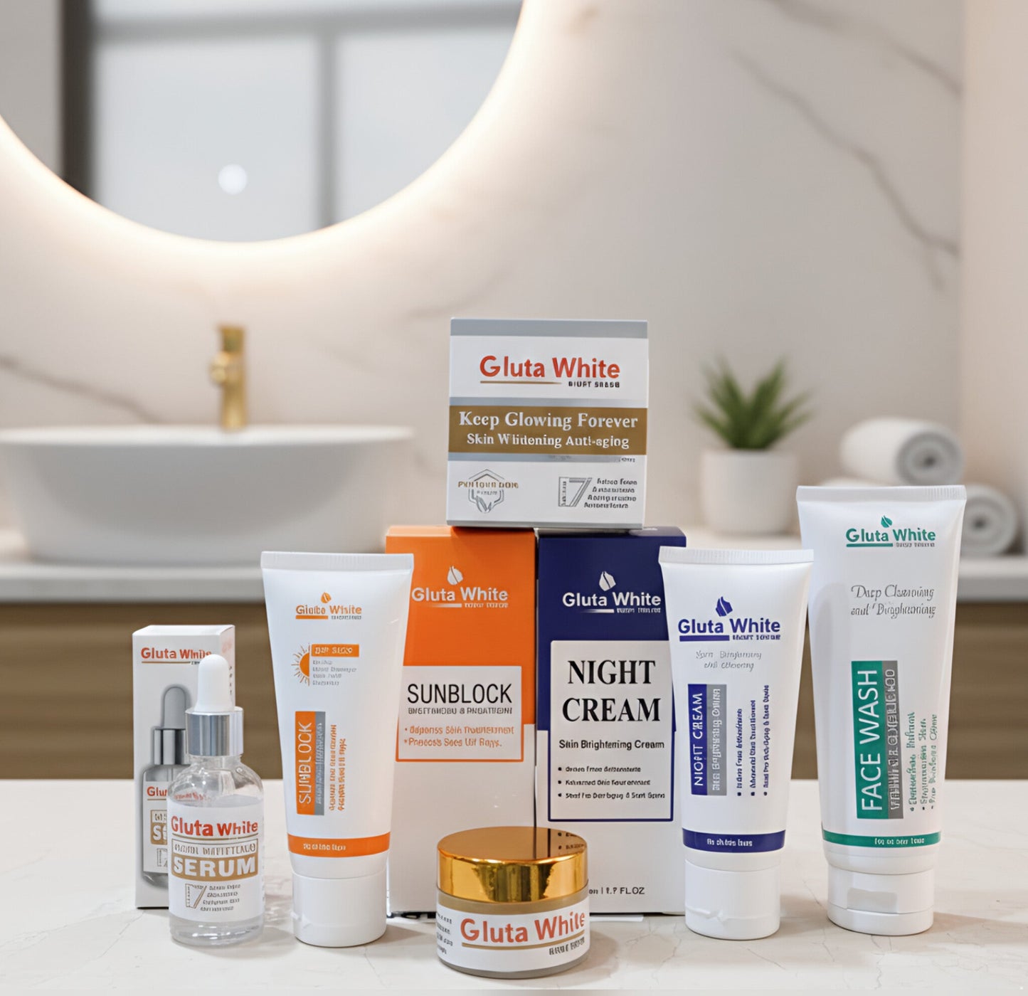 5-in-1 Gluta White Skincare Set | Face Cream, Facewash, Serum, Sunblock & Night Cream