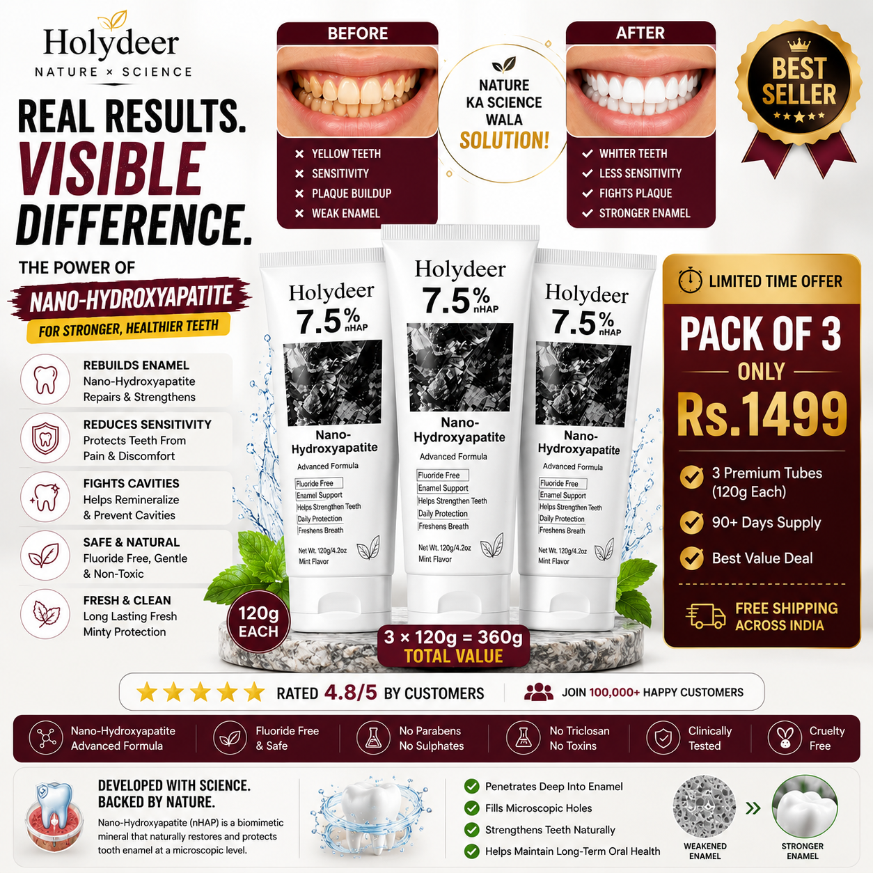 Holydeer Nano Hydroxyapatite Toothpaste Pack of 3